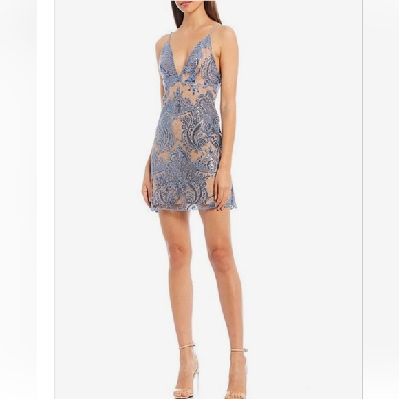 NEW Free People Night Shimmers dress lace mini blue sequined nude look size 2 - Picture 13 of 16